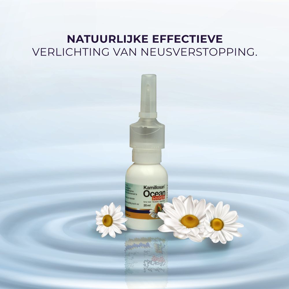 Neussprayflesje met kamillebloemen. Tekst: Natuurlijke effectieve verlichting van neusverstopping.