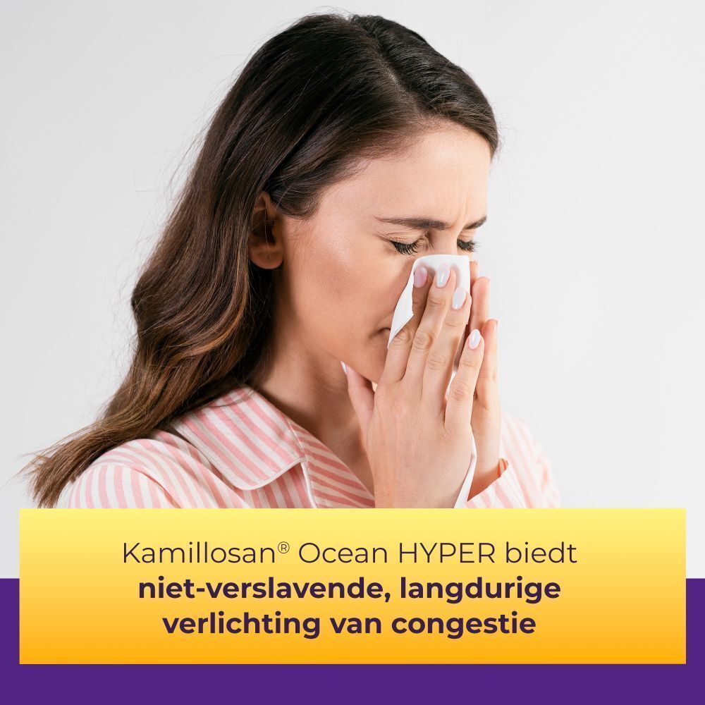 Vrouw met een zakdoek. Tekst: Kamillosan Ocean HYPER biedt niet-verslavende, langdurige verlichting van congestie.