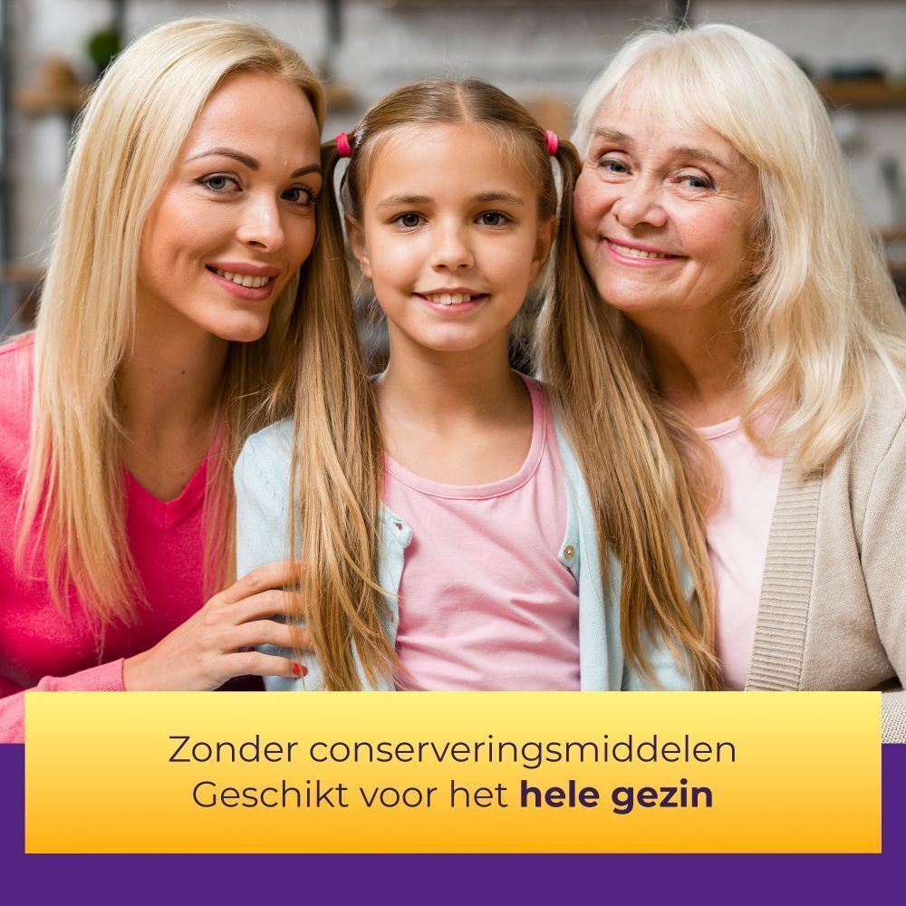 Drie vrouwen lachen. Tekst: Zonder conserveermiddelen. Geschikt voor het hele gezin.