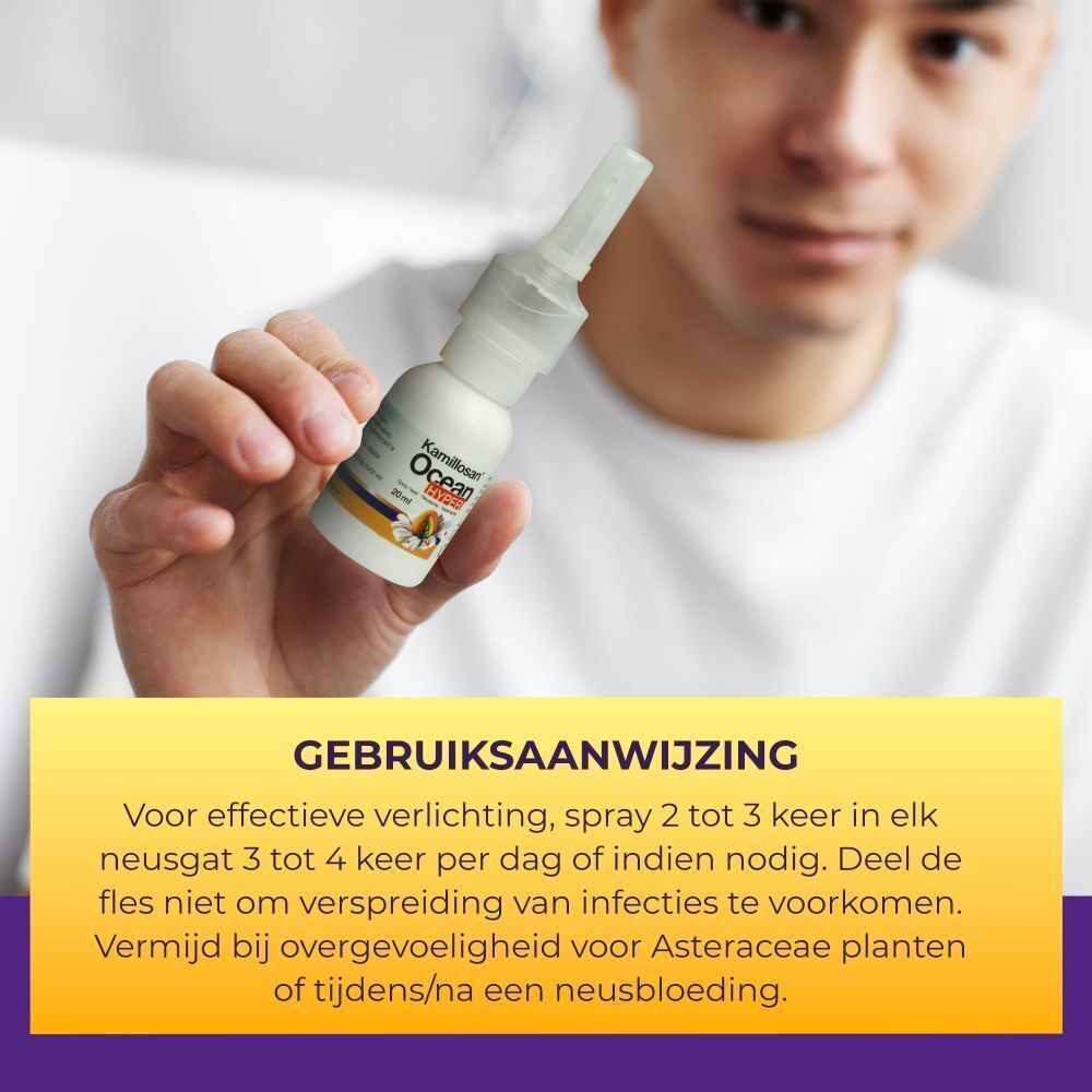 Man houdt neusspray vast. Tekst: Gebruiksaanwijzing. Voor effectieve verlichting, spray 2 tot 3 keer...