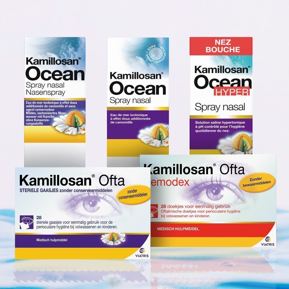 Différents emballages de produits. Texte: Kamillosan Ocean, Oftha, emodex.