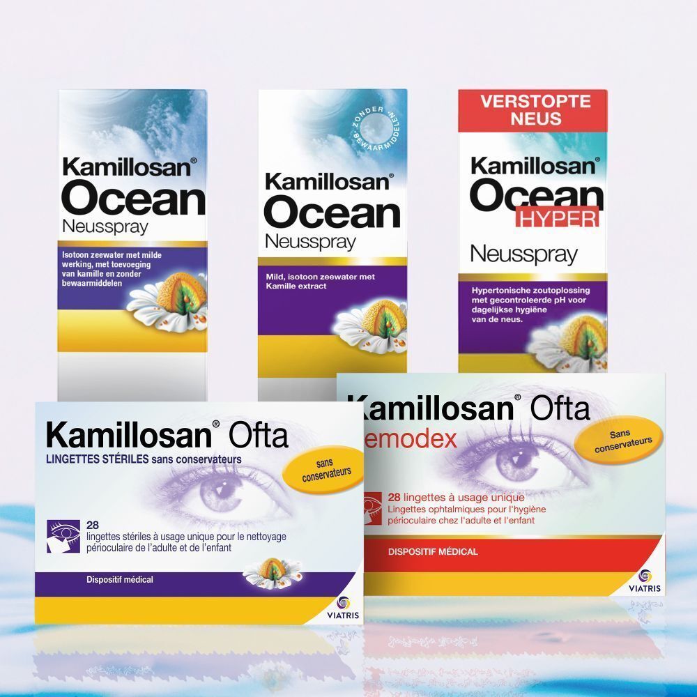 Verschillende productverpakkingen. Tekst: Kamillosan Ocean, Oftha, emodex.