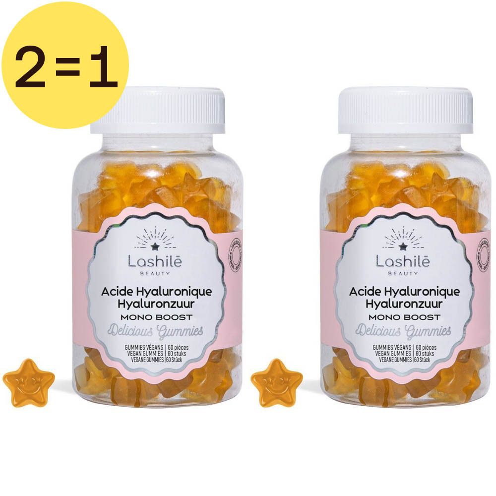 Deux flacons de gummies en forme d'étoiles jaunes. Étiquettes avec texte: Lashilé Beauty, Acide Hyaluronique, Hyaluronzuur, Mono Boost, Delicious Gummies.