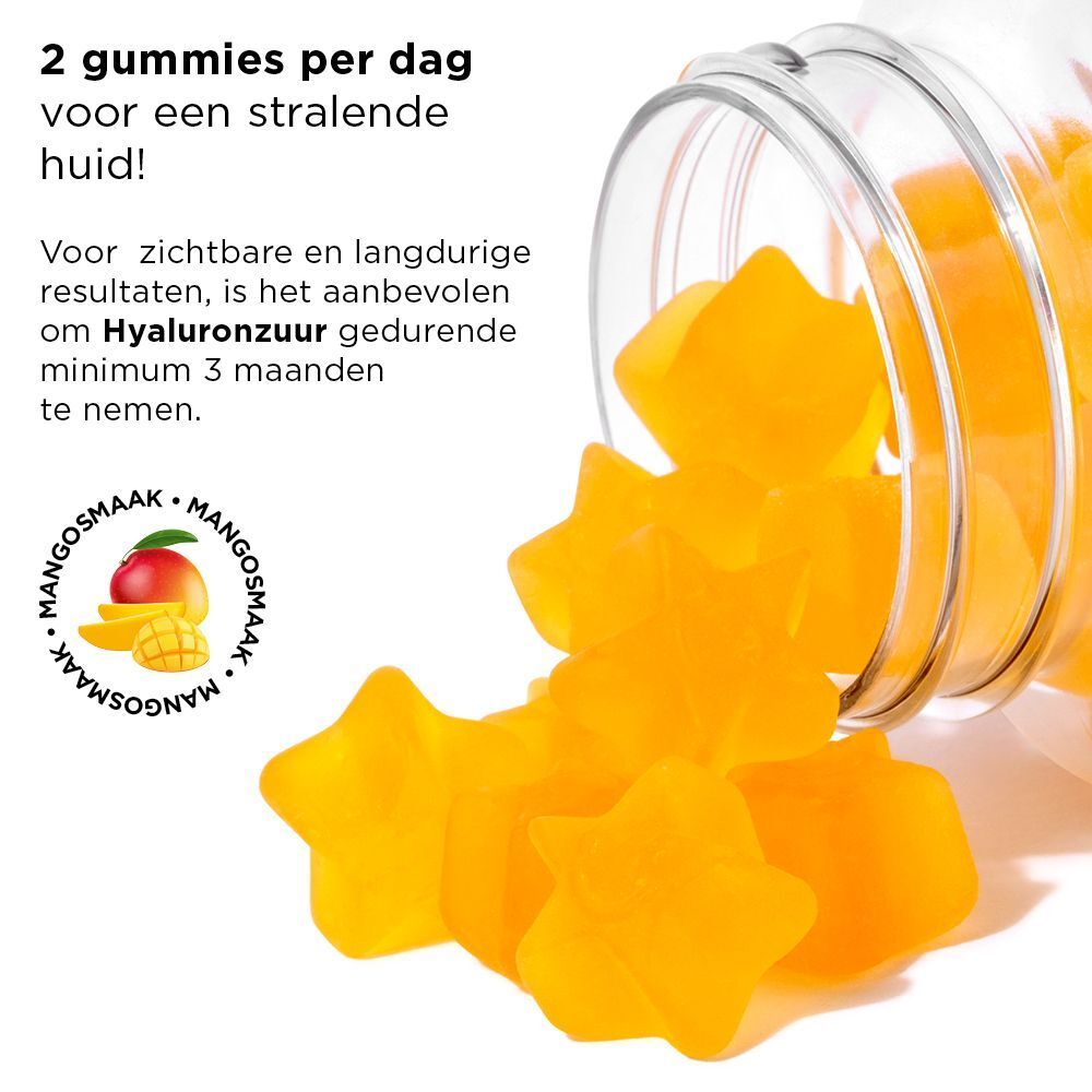 Een open fles met gele ster gummies. Tekst op roze achtergrond.