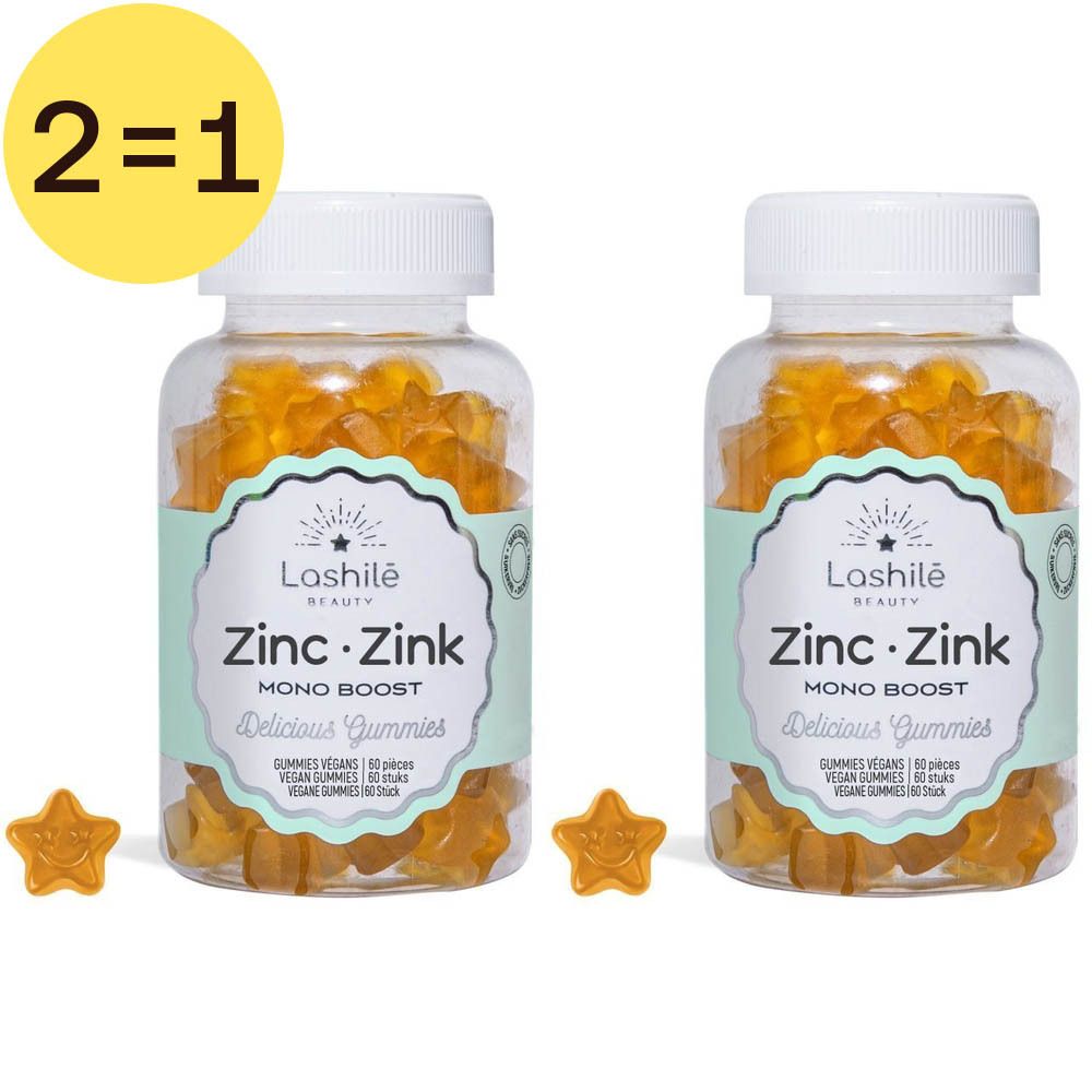 Deux flacons de gummies jaunes. Étiquettes "Lashilé Beauty Zinc Zink Mono Boost Delicious Gummies". Deux gummies en forme d'étoile.