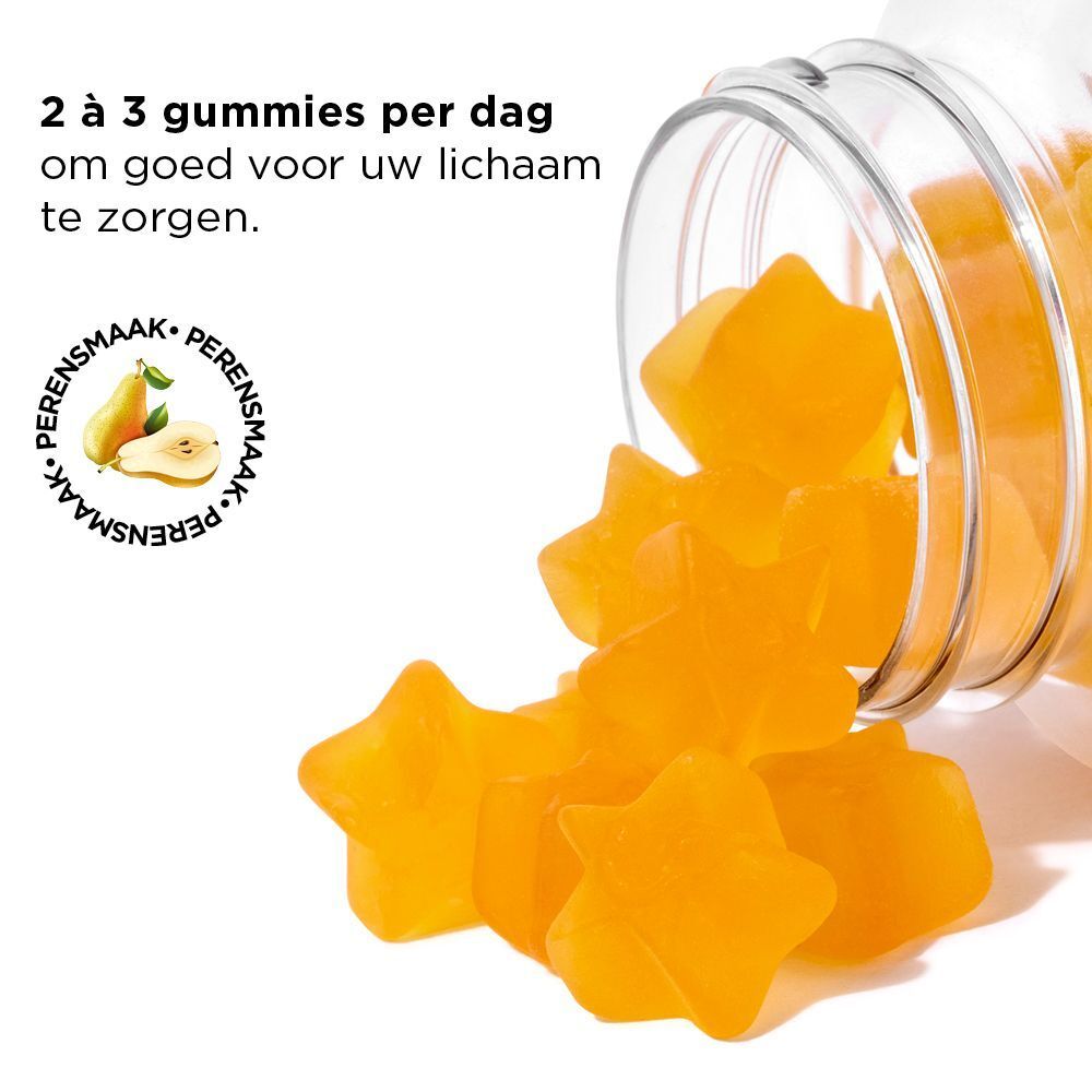 Gele ster gummies die uit een fles stromen. Op de fles staat "Zinc/Zink".