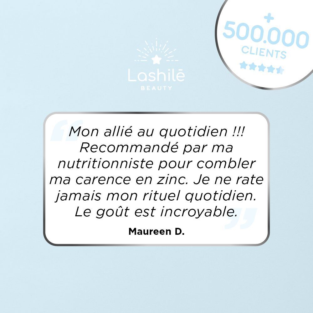 Citation de Maureen D. concernant un produit. En arrière-plan, le logo Lashilé Beauty et une publicité pour 500 000 clients.