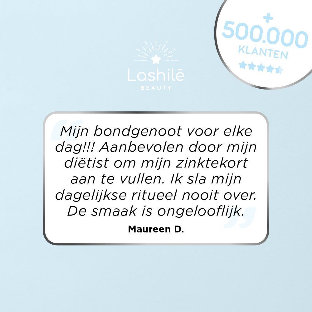 Een citaat van Maureen D. over een product. Op de achtergrond het logo van Lashilé Beauty en een advertentie met 500.000 klanten.