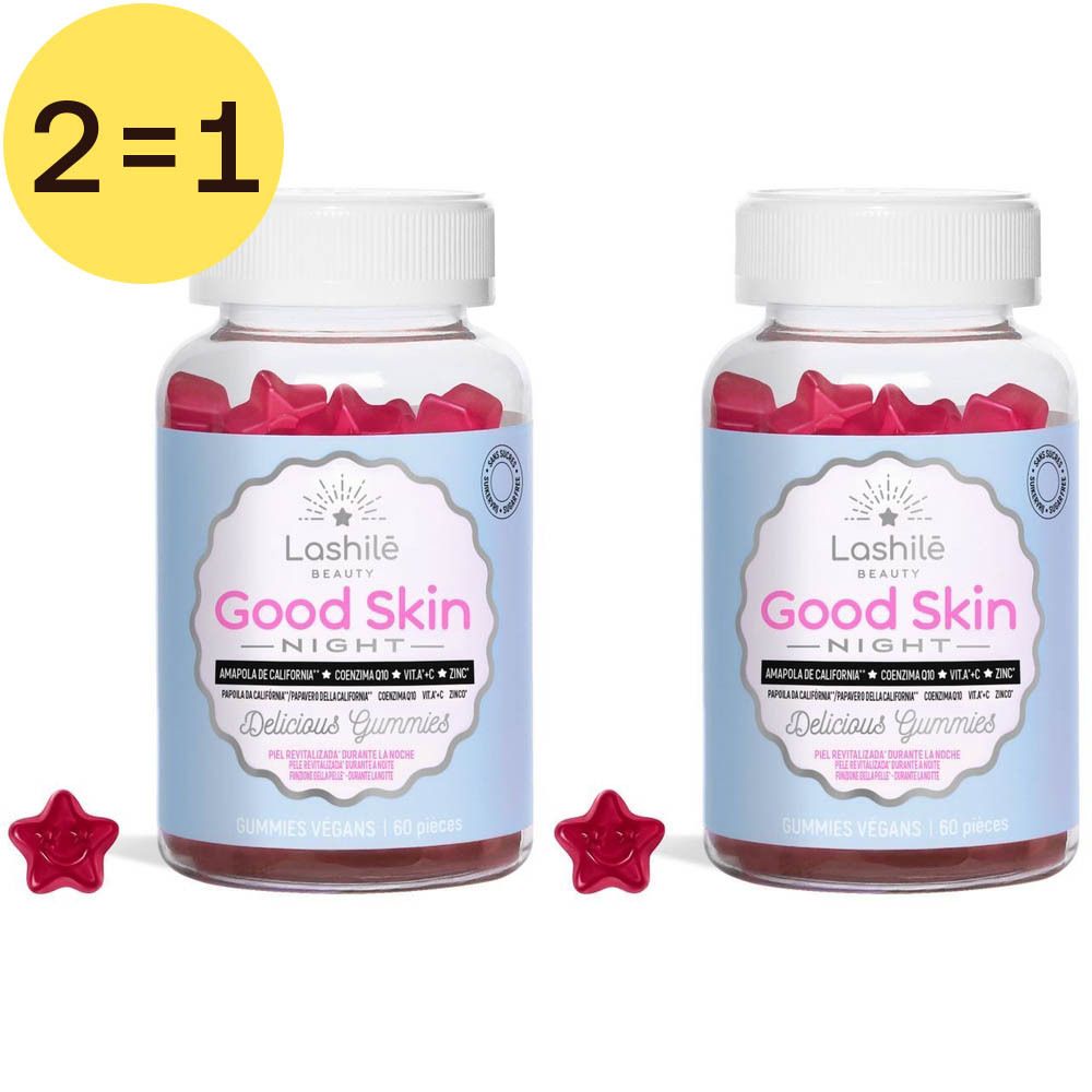 Deux flacons de gummies Good Skin Night. Gummies en forme d'étoiles. Inscription: Delicious Gummies. Étiquette 2 pour 1.