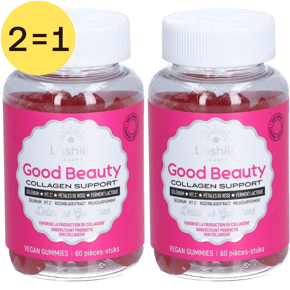 Deux flacons de Good Beauty Gummies avec étiquettes roses et couvercles blancs. Inscription : Collagen Support, 60 pièces.