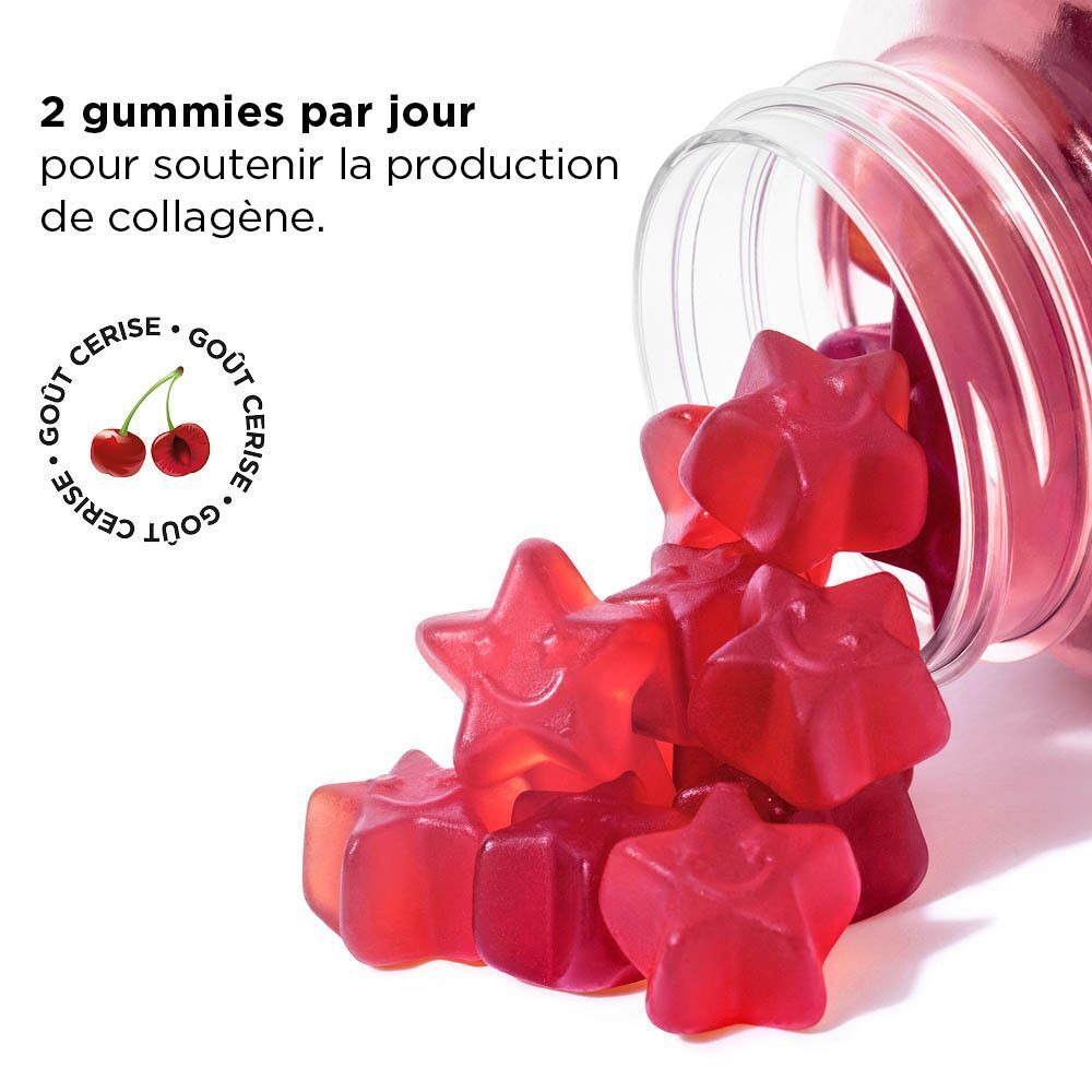 Une bouteille avec étiquette rose. Inscription: Lashilé Beauty Good Beauty Collagen Support. 60 gummies végétaliens. Gummies en forme d'étoile.