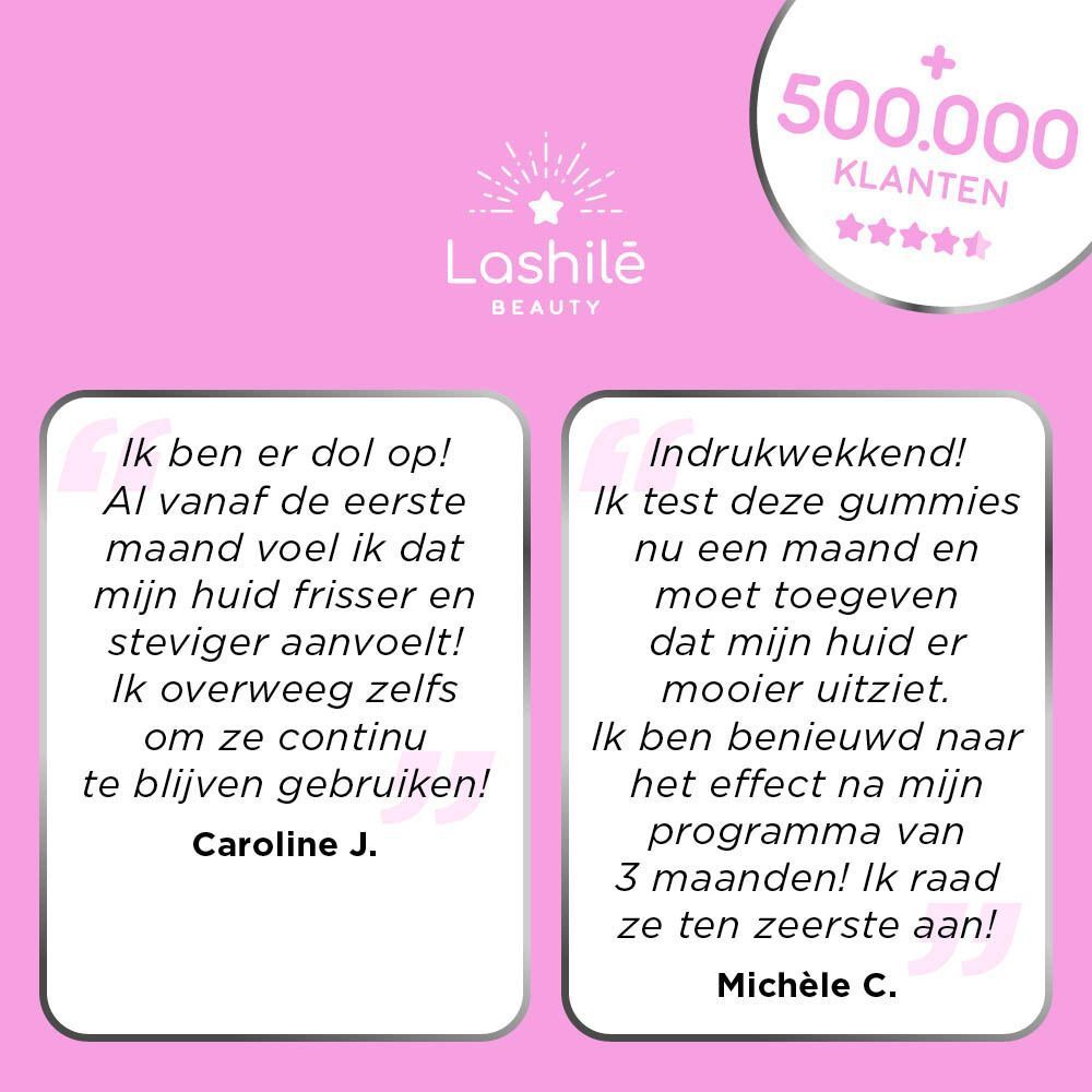 Een vrouw lacht. Ze raakt haar huid aan. Roze achtergrond. Lashilé Beauty logo.