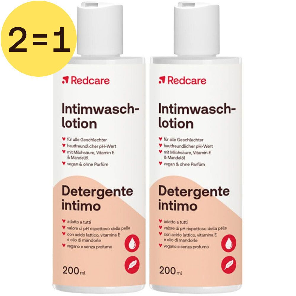 Deux flacons de lotion intime avec logo rouge. Texte: Intimwaschlotion, 200ml, pour tous les sexes, pH, avec acide lactique, vitamine E et huile d'amande.
