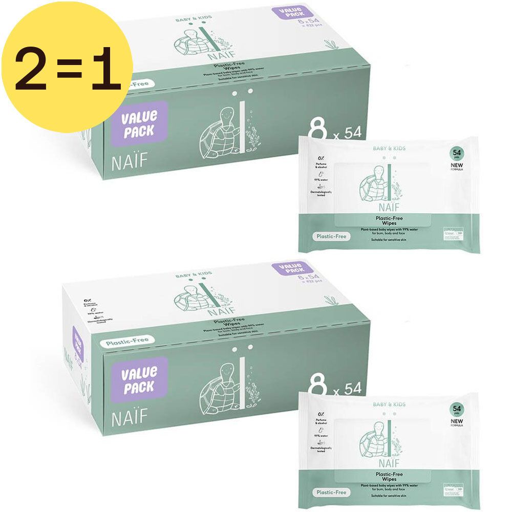 Twee dozen Naïf Plastic-Free Water Wipes en twee losse verpakkingen. Baby & Kids, 8 x 54 doekjes. Plasticvrij.