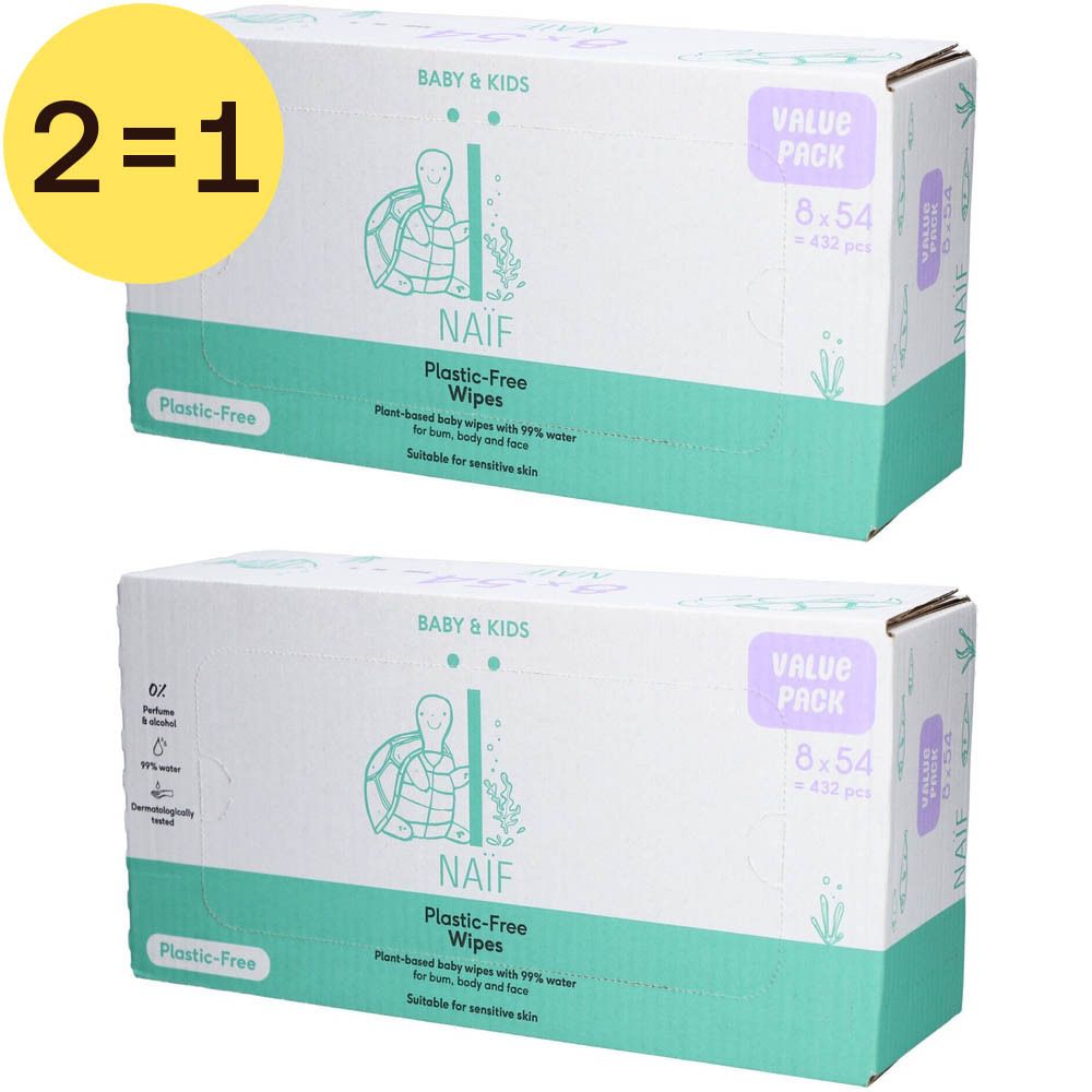 Twee dozen Naïf Plastic-Free Water Wipes. Baby & Kids, 8 x 54 doekjes. Voordeelverpakking. Plasticvrij.