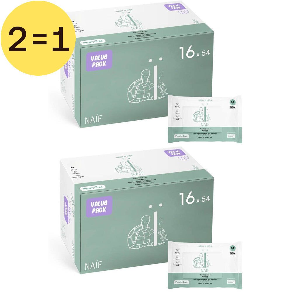 Twee dozen Naïf Plastic-Free Wipes met twee verpakkingen. Opschrift: 2=1, Baby & Kids, Value Pack, 16 x 54. Mintgroene streep.