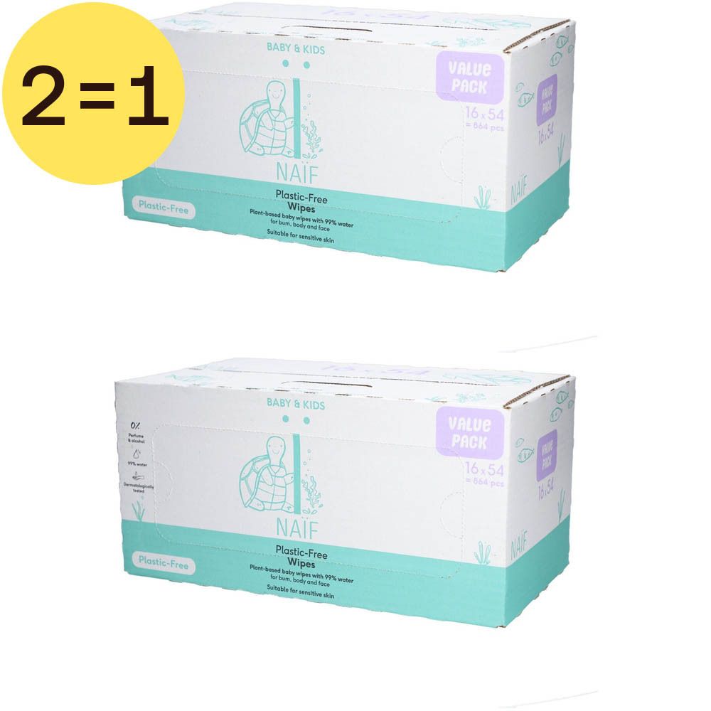 Twee dozen Naïf Plastic-Free Wipes. Opschrift: 2=1, Baby & Kids, Value Pack, 16 x 54. Mintgroene streep.