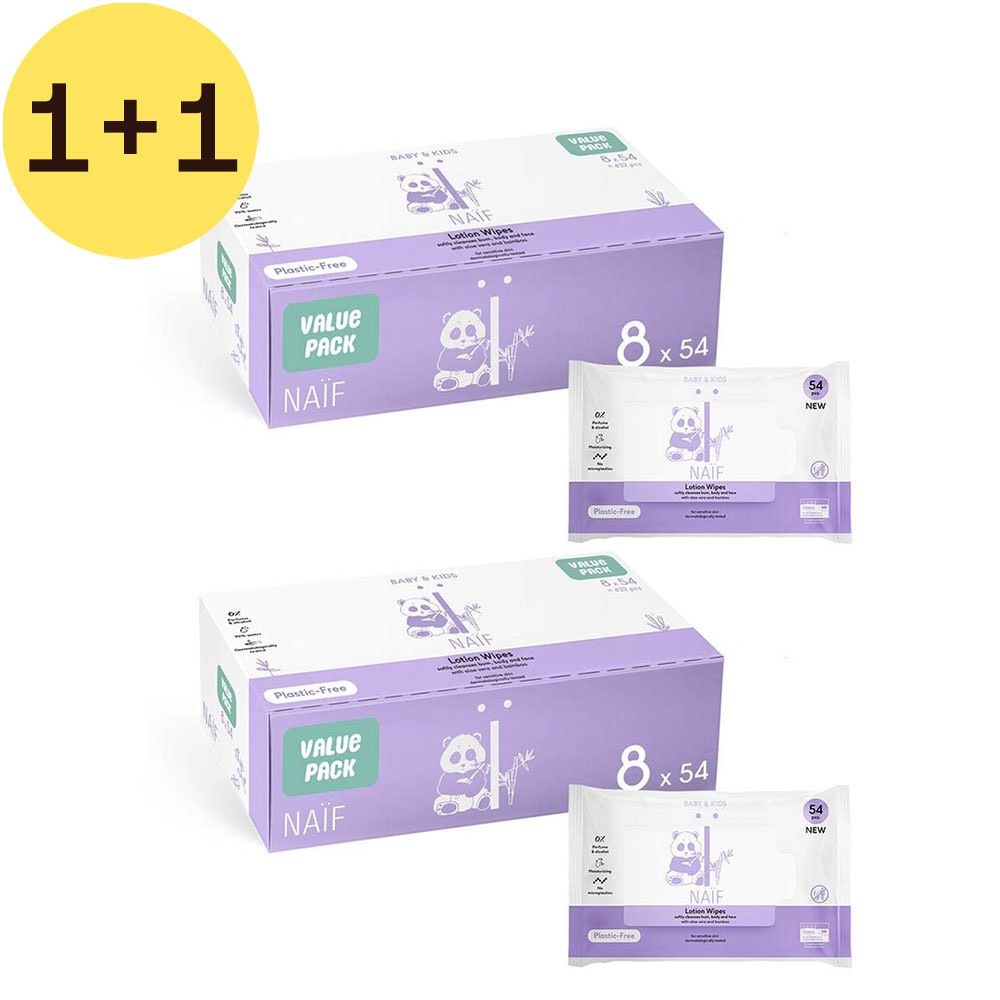 Deux boîtes de lingettes. Marque "NAIF". Cercle jaune "1+1". Chaque paquet indique "8 x 54". Emballage violet et blanc.