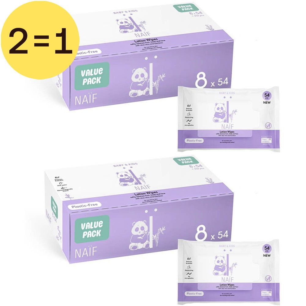 Twee dozen lotiondoekjes en twee individuele verpakkingen. Paarse verpakking met panda logo en tekst. "2=1" sticker.
