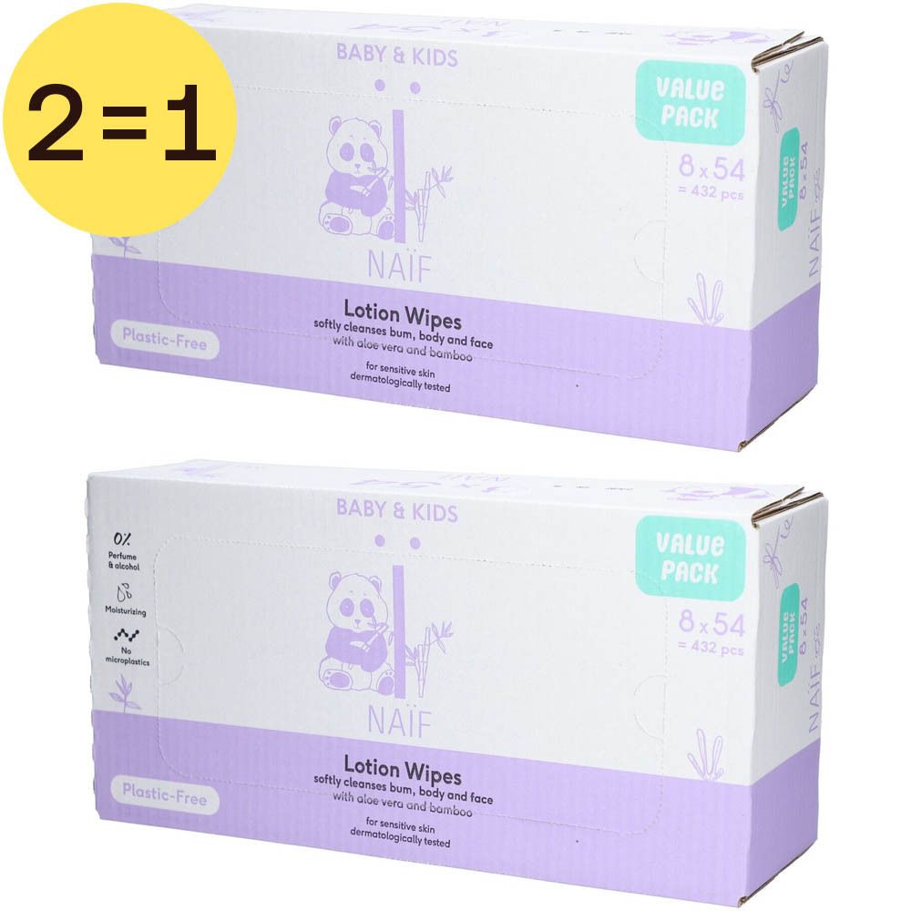 Twee dozen lotiondoekjes. Paarse verpakking met panda logo en tekst. "2=1" sticker.