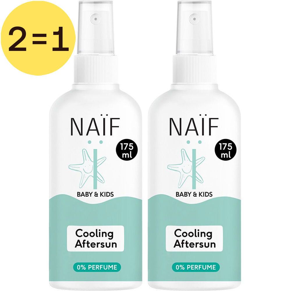 Twee witte spuitflessen met NAÏF-logo, 2=1 sticker. Opschrift: Baby & Kids, Cooling Aftersun, 0% Perfume.