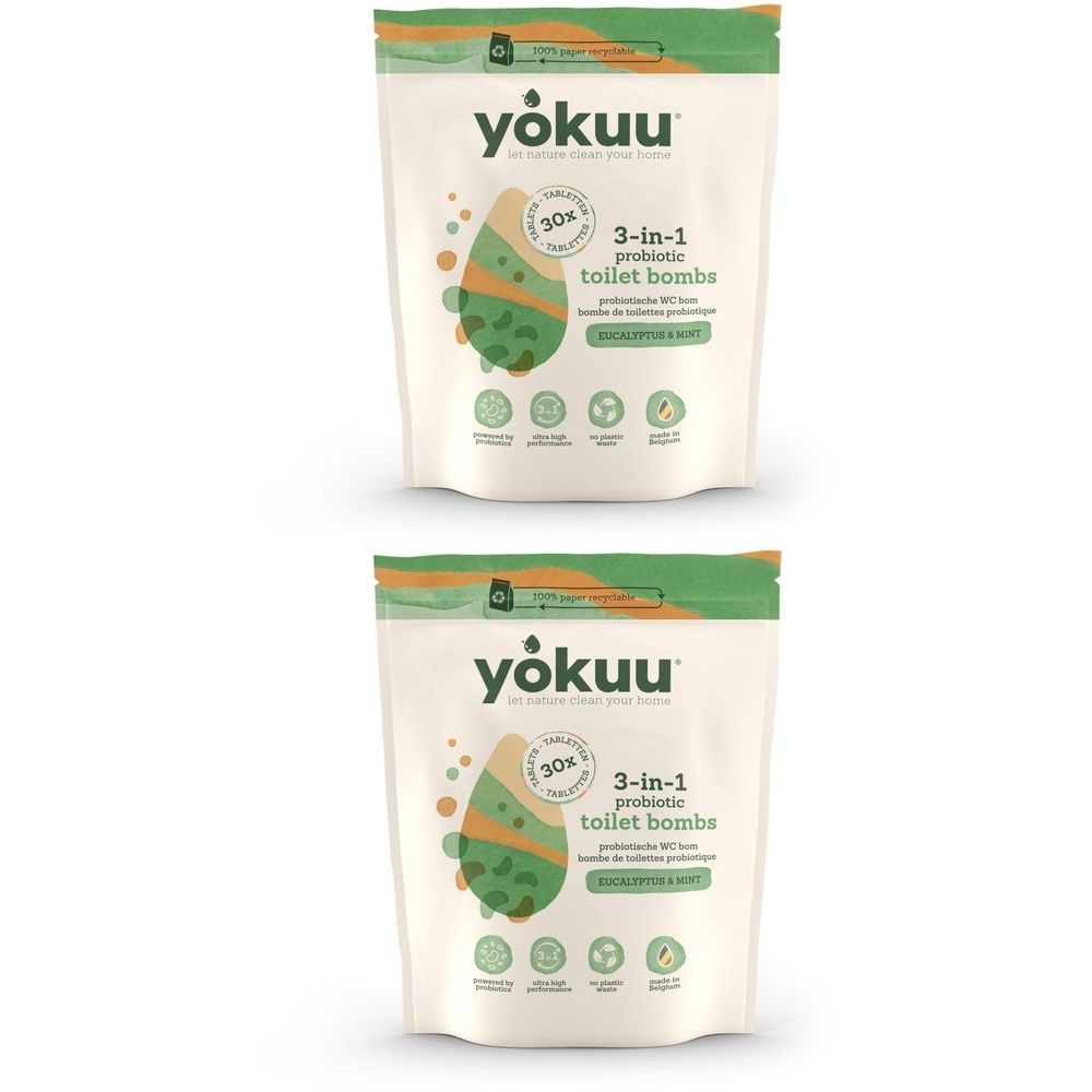 Twee zakken YOKUU wc-bomtabletten. Witte zak met groene accenten, productillustratie en tekst. Eucalyptus & Munt.