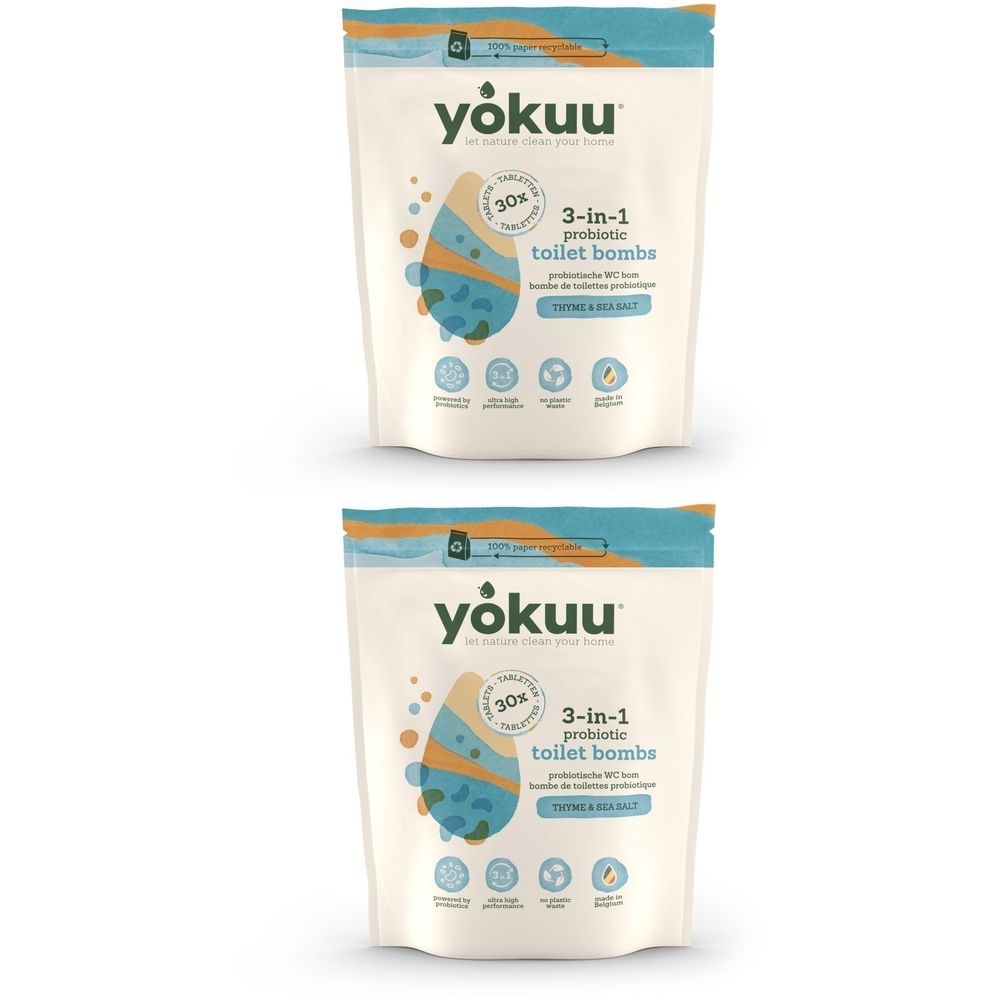 Twee zakken Yokuu toiletreiniger. Witte verpakking met productillustratie en tekst. Bevat 3-in-1 toiletbomben.