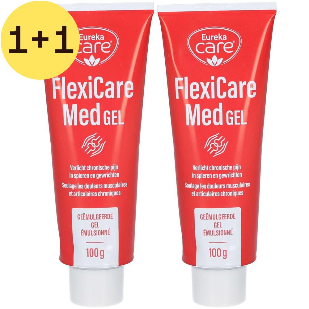 Twee tubes Eureka Care FlexiCare Med Gel, met 1+1 gratis sticker. Rode tubes met witte tekst. Tekst: FlexiCare Med Gel, 100g. Logo: Eureka Care.