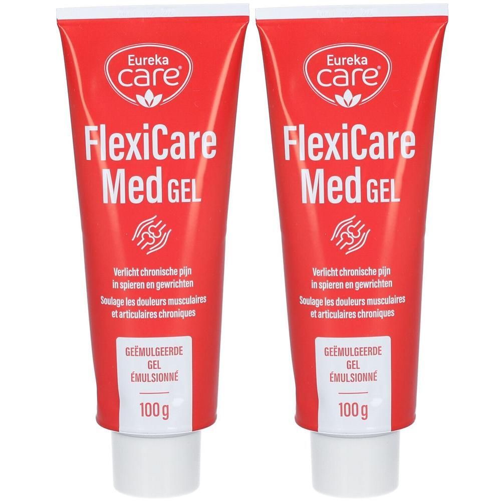 Twee tubes Eureka Care FlexiCare Med Gel. Rode tubes met witte tekst. Tekst: FlexiCare Med Gel, 100g. Logo: Eureka Care.