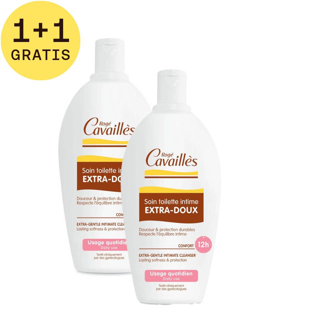 Twee flessen intieme waslotion met label '1+1 GRATIS'. Wit flesontwerp met bruine en gele accenten.