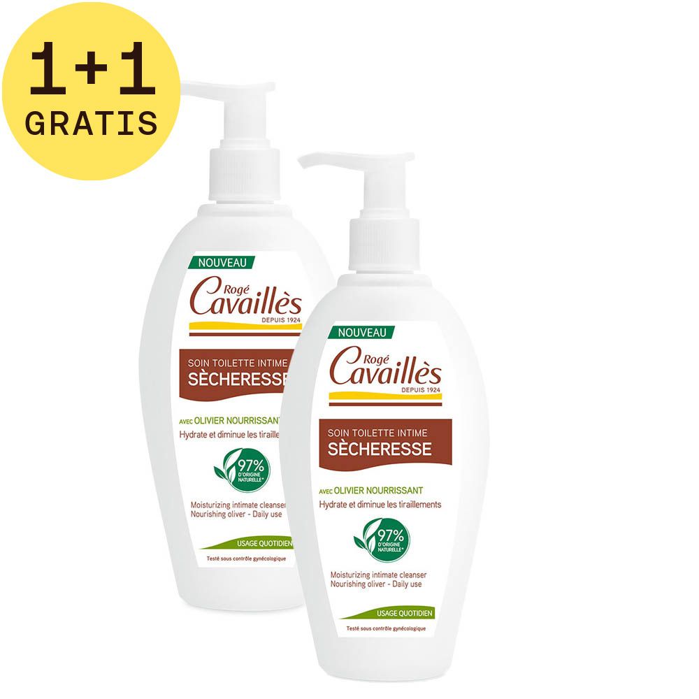 Twee flessen met pomp. Opschrift "Rogé Cavaillès Soin Toilette Intime Sécheresse". 1+1 GRATIS.
