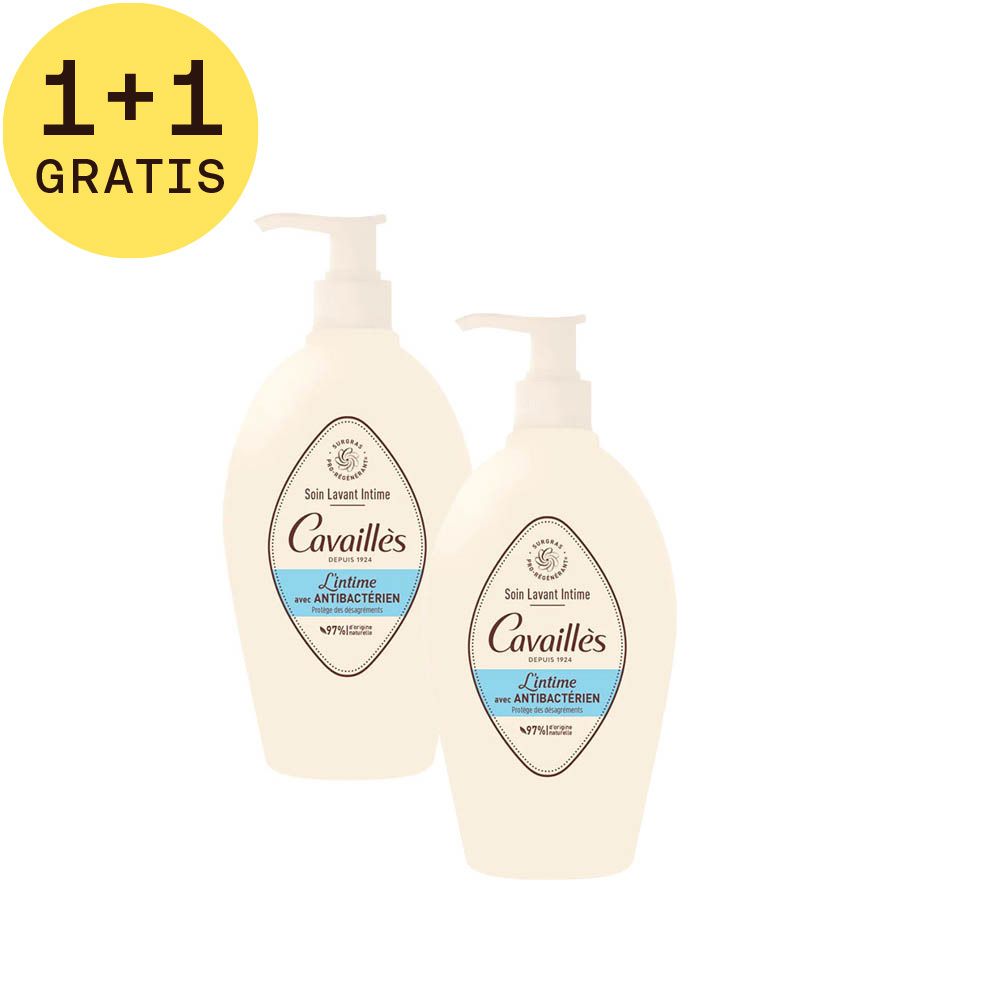 Twee flessen Rogé Cavaillès Intieme Waslotion met Antibacterieel. Geel 1+1 GRATIS label.
