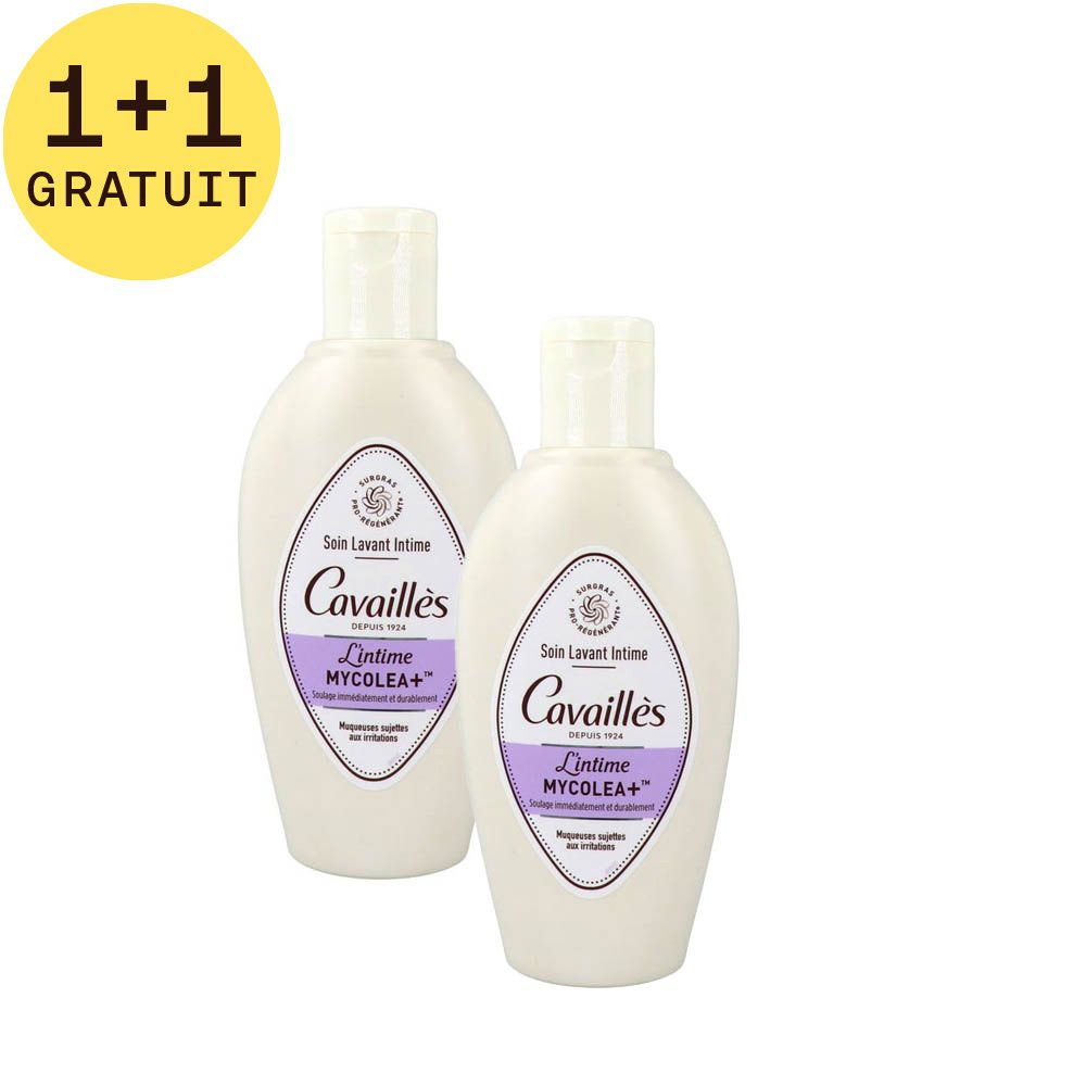 Deux flacons de soin lavant intime avec autocollant 1+1 gratuit. Flacon blanc avec étiquette violette. Texte: Cavaillès, Mycolea+.