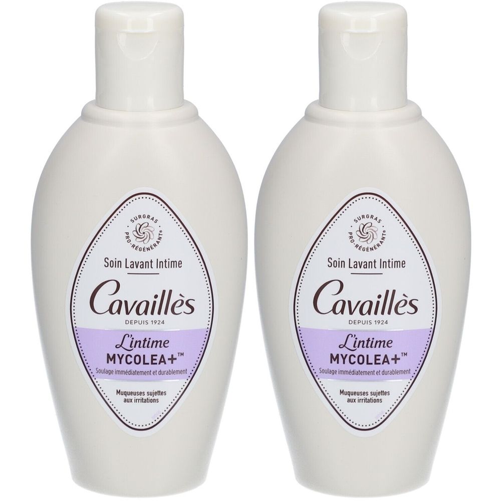 Twee flessen intieme waslotion. Witte fles met paars etiket. Tekst: Cavaillès, Mycolea+, Soin Lavant Intime.