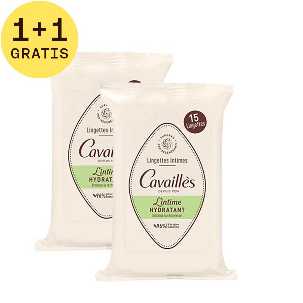 Twee verpakkingen intieme doekjes. 1+1 gratis aanbieding. Opschrift: Cavaillès, L'intime Hydratant.