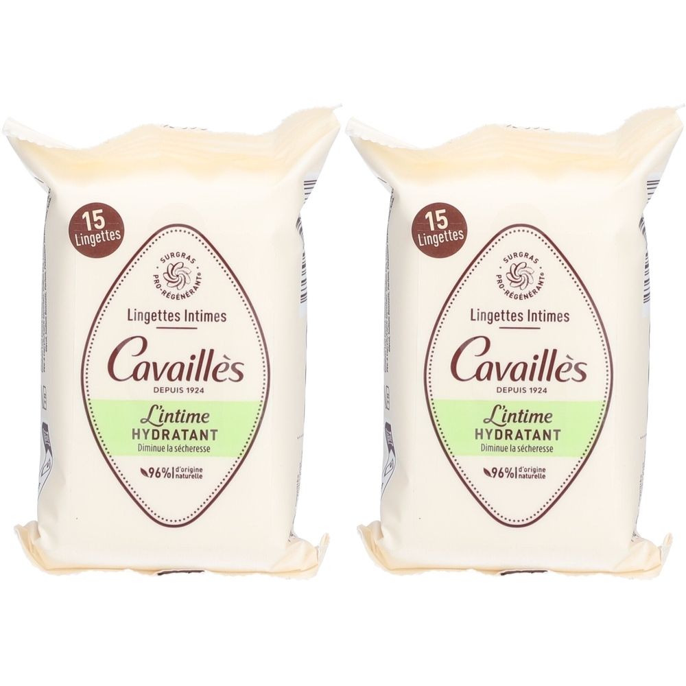 Twee verpakkingen intieme doekjes. Elke verpakking bevat 15 doekjes. Opschrift: Cavaillès, L'intime Hydratant.