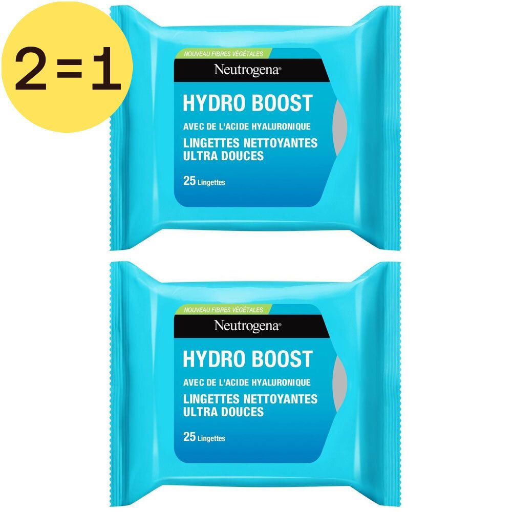 Deux paquets de lingettes nettoyantes bleues. Inscription blanche. Neutrogena Hydro Boost. Autocollant 2=1.