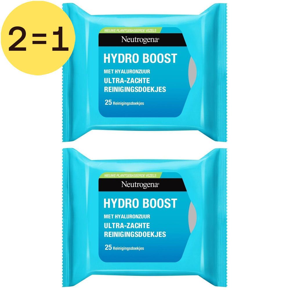 Twee pakjes reinigingsdoekjes. Blauwe verpakking met witte tekst. Neutrogena Hydro Boost. 2=1 sticker.