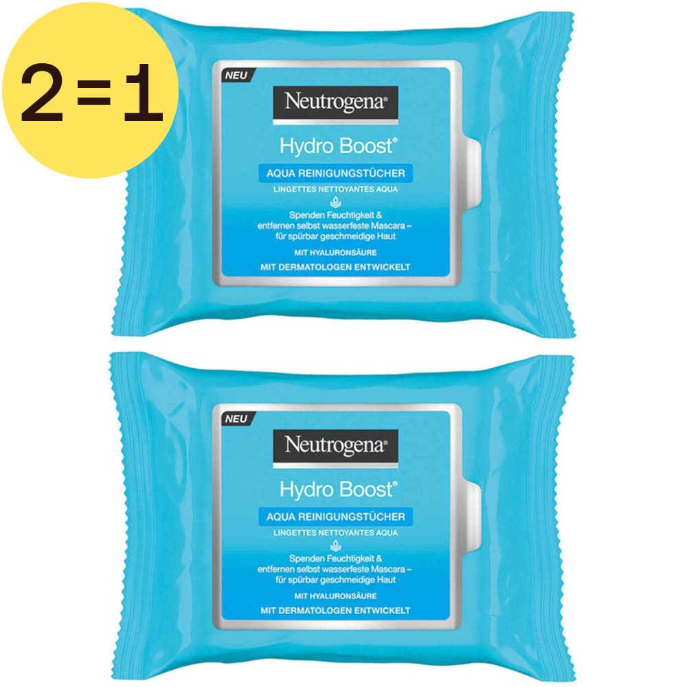 Twee pakjes reinigingsdoekjes. Blauwe verpakking met witte tekst. Neutrogena Hydro Boost Aqua reinigingsdoekjes. 2=1 sticker.