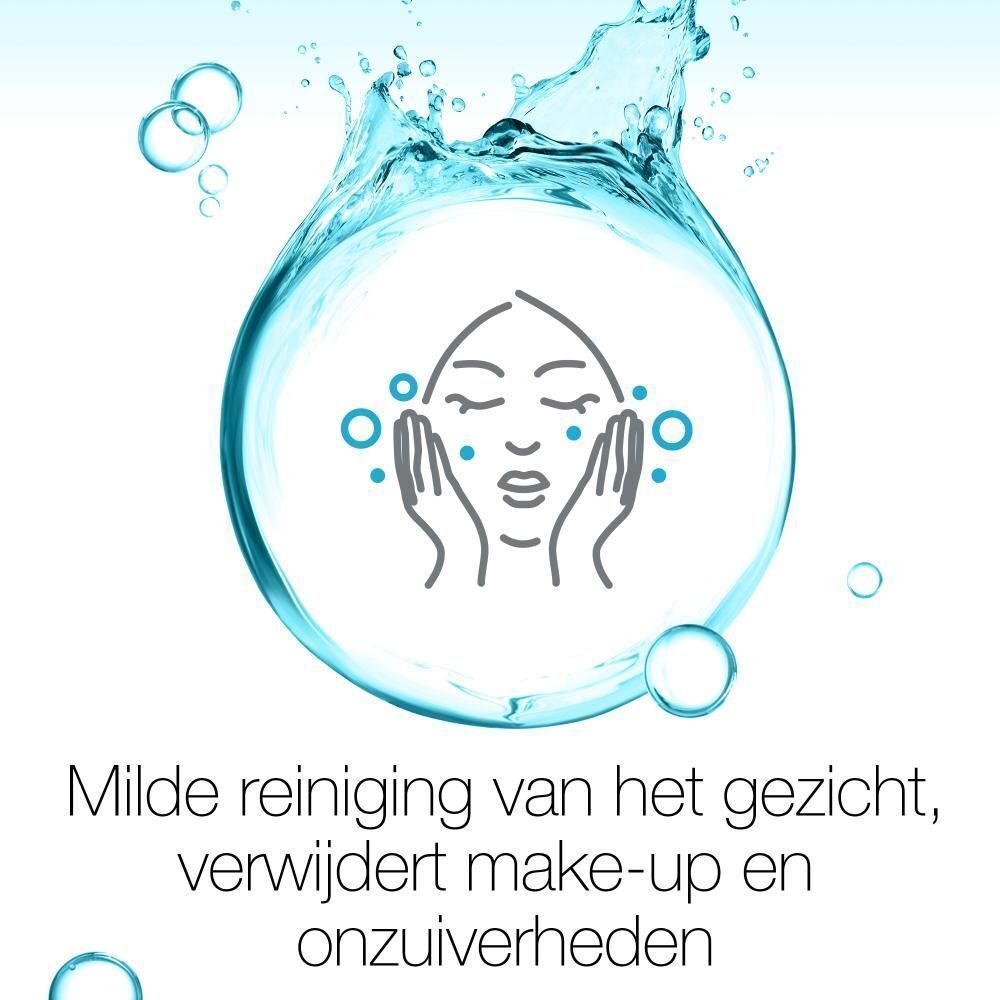 Illustratie: gezicht met waterdruppels. Tekst: Hydrateert en verzorgt.