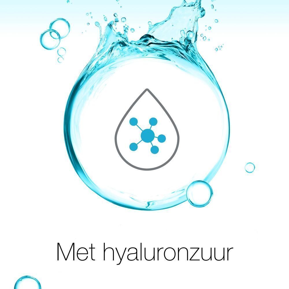 Illustratie: waterdruppel met moleculen. Tekst: Met hyaluronzuur.