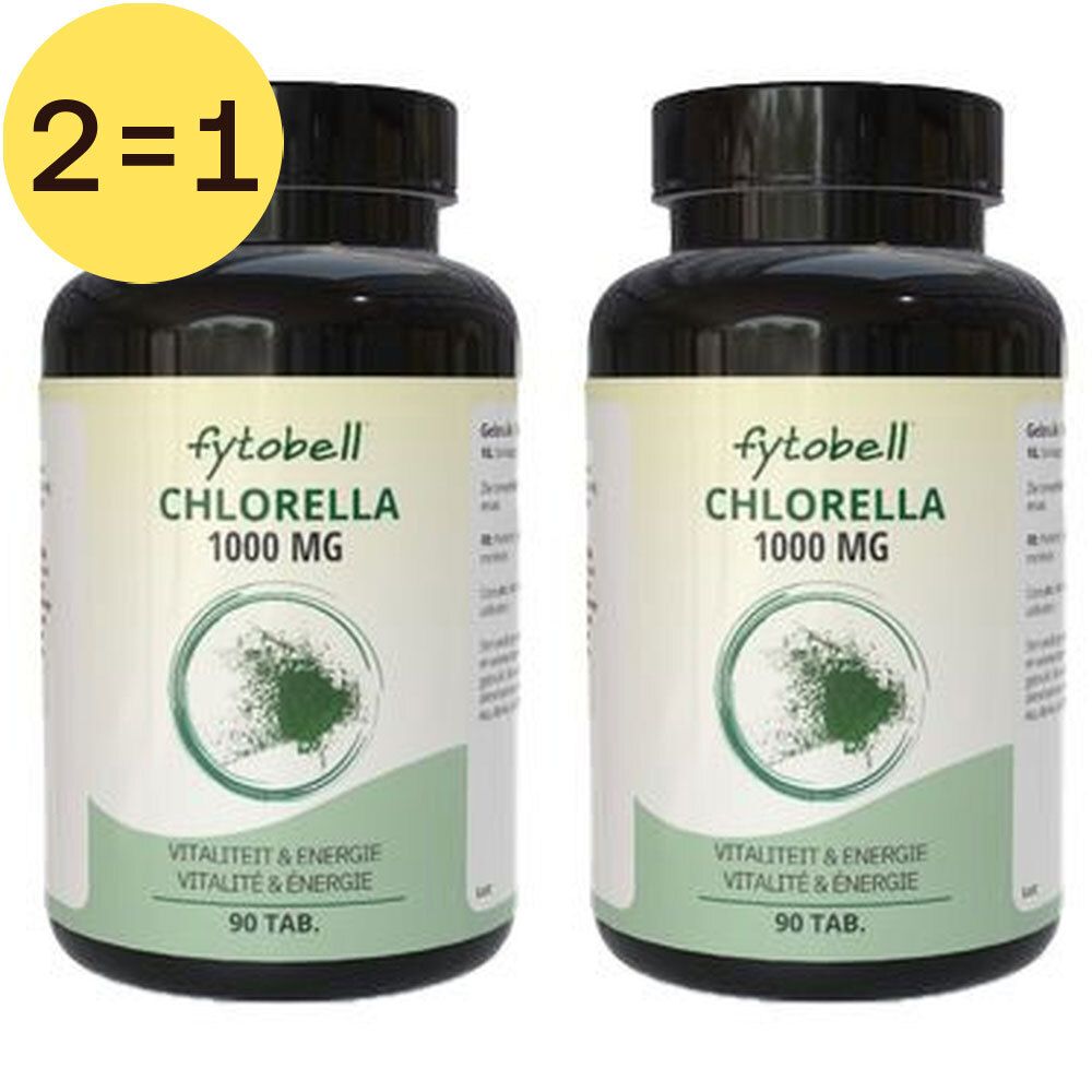 Twee flessen Fytobell Chlorella 1000 MG. Zwarte doppen, groene etiketten. Geel 2=1 label.