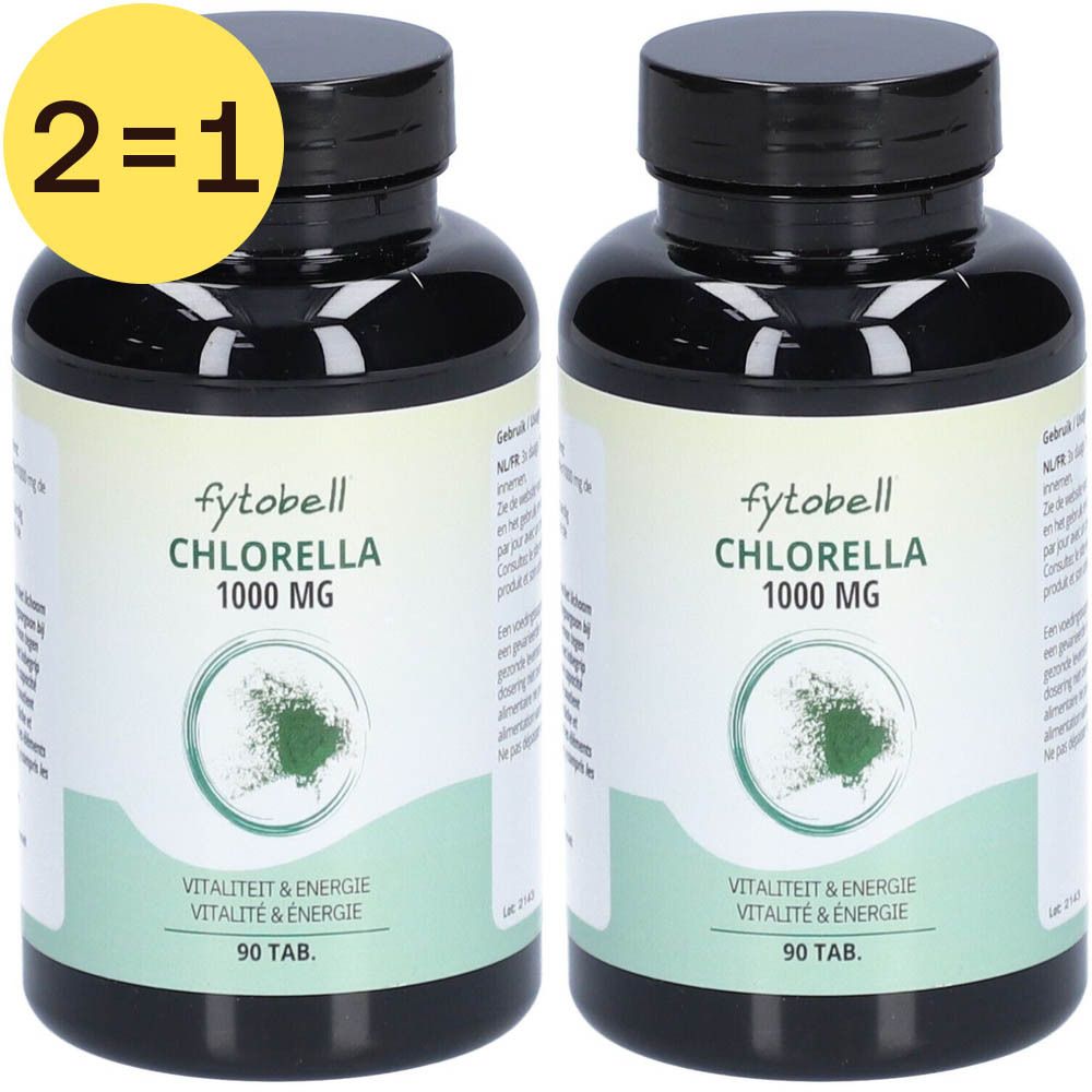 Twee flessen Fytobell Chlorella 1000 MG. Zwarte doppen, groene etiketten. Geel 2=1 label.