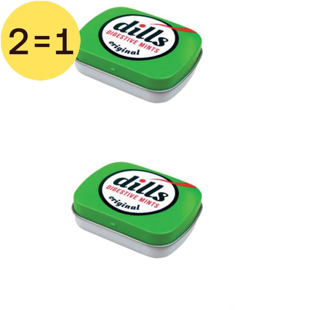 Twee groene Dills Digestive Mints-verpakkingen met wit logo en rode accent. Opschrift: "2=1".
