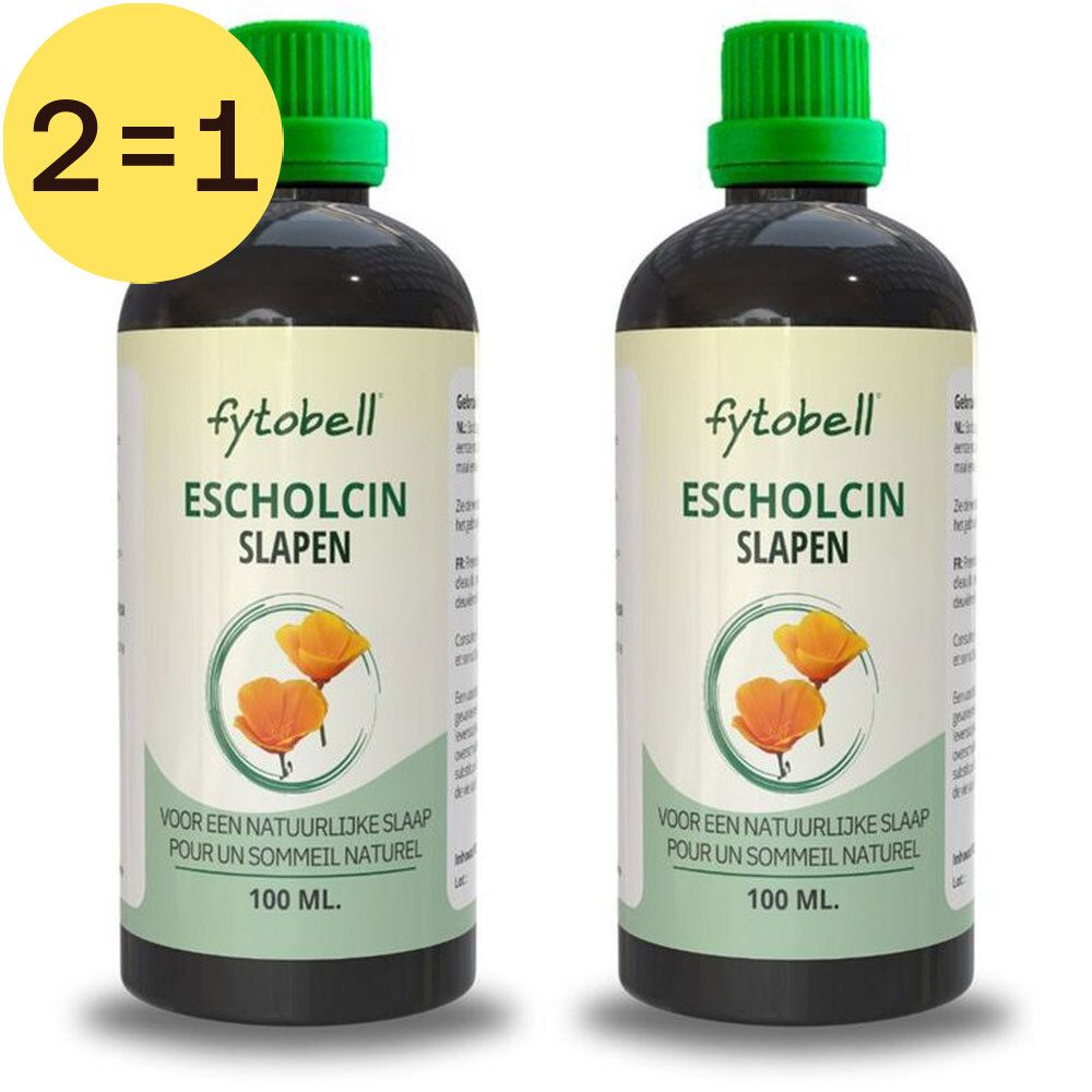 Twee flessen met groene doppen en etiketten. Opschrift: Fytobell Escholcin, 2=1. Geel etiket met tekst.