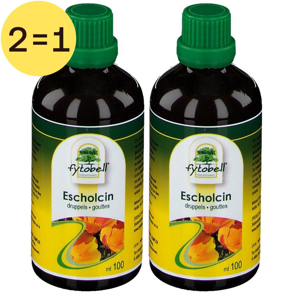 Twee flessen met groene doppen en etiketten. Opschrift: Fytobell Escholcin, 2=1. Geel etiket met tekst.