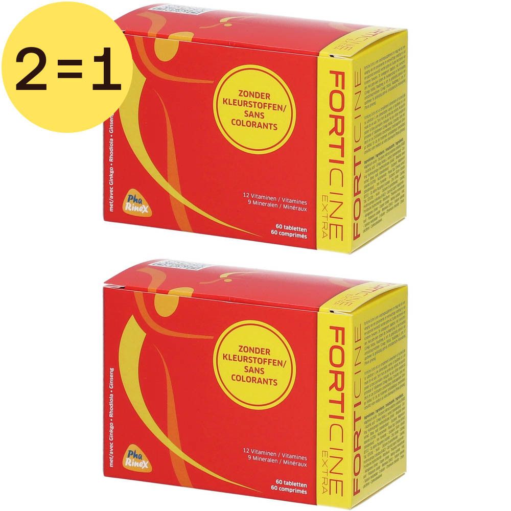 Deux boîtes rouges avec "Forticine Extra". Cercle jaune "2=1". Texte: "Zonder kleurstoffen/sans colorants".