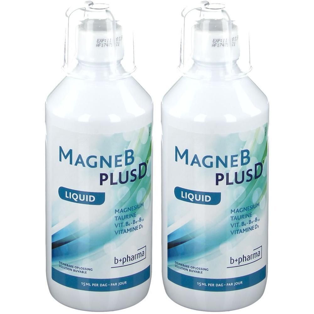 Deux flacons de MagneBplusD® Liquid. Flacons blancs avec étiquette. Inscription: MagneB PlusD Liquid, b+pharma.