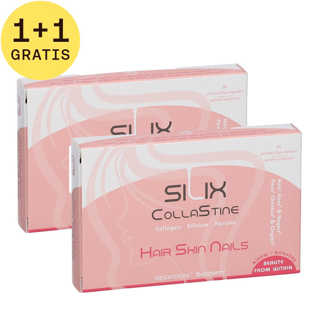 Twee roze dozen met "Silix Collastine Hair Skin Nails". Linksboven: "1+1 GRATIS".