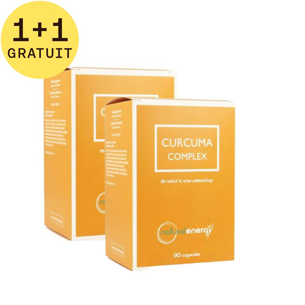 Deux boîtes oranges avec "Curcuma Complex". En haut à gauche : "1+1 GRATUIT". En bas : "90 capsules".